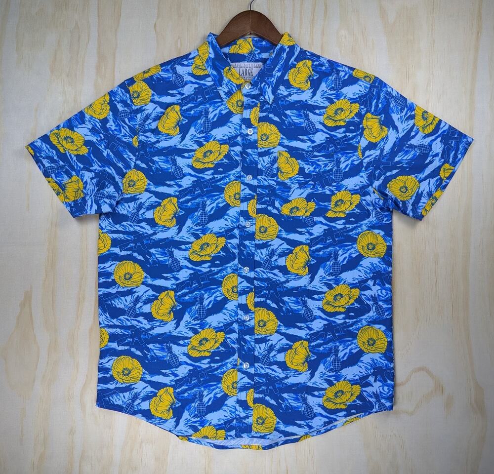 Savage Tacticians Men's Large Savtac Hawaiian Shirt Blue Floral Camo Gun Aloha